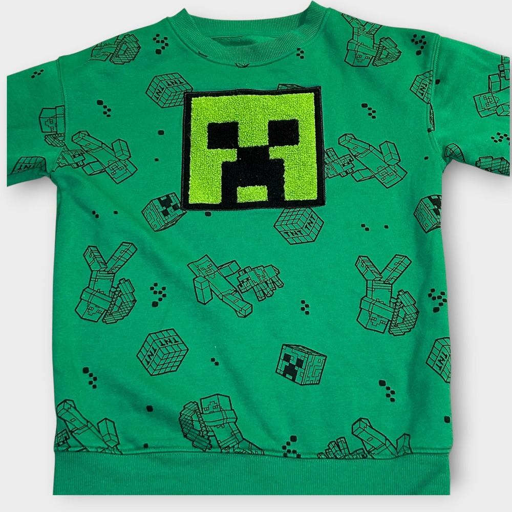 Minecraft Creeper Green Sweatshirt Kids Size 8 All Over Print Chenille Patch